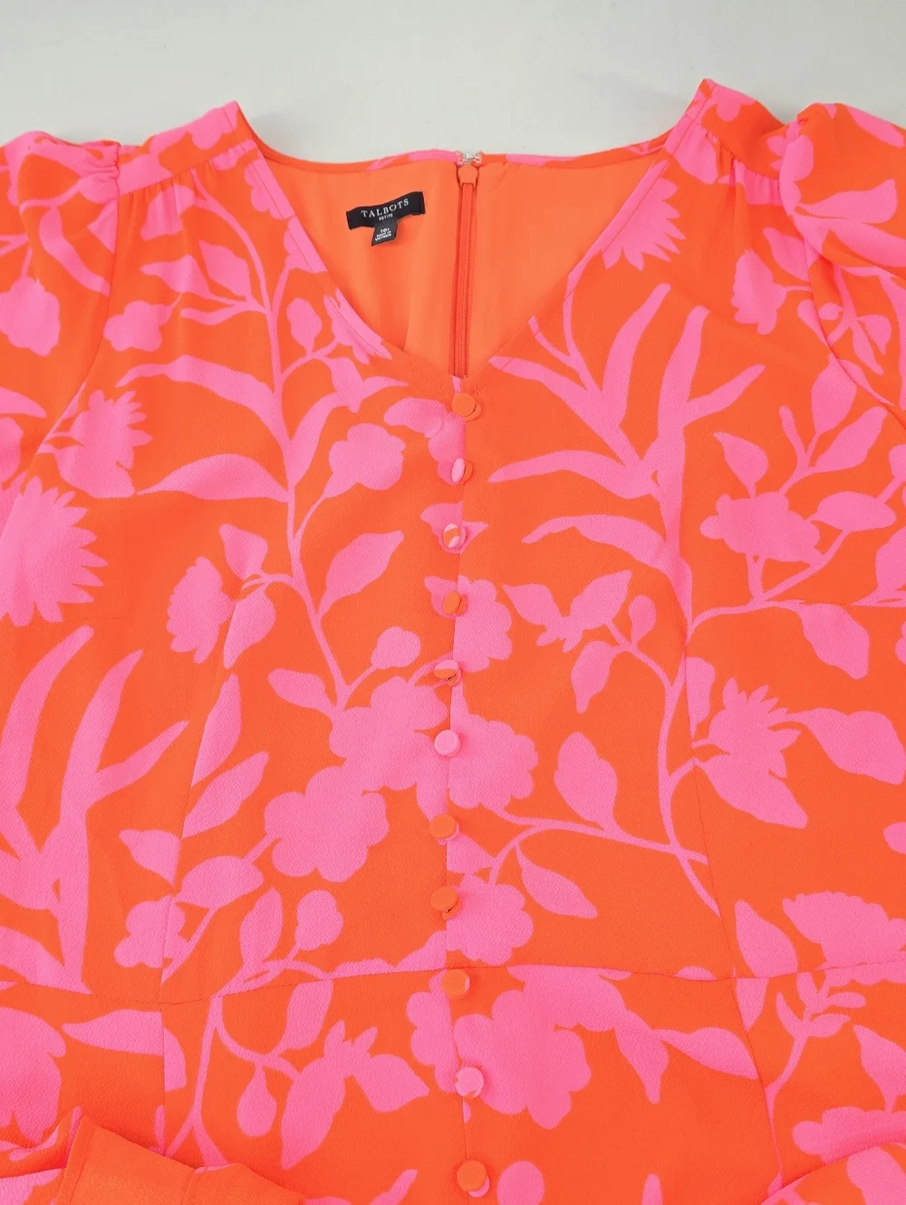 Talbots Orange & Pink Floral V Neck Flutter Sleeve Midi Dress Size 10P 10 Petite - Picture 6 of 10